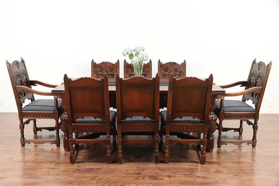 Main image of English Renaissance Antique Dining Set, Table, 8 Chairs, Signed Kittinger