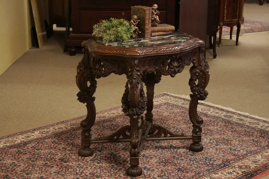 Main image of Oval Antique Table, Black Marble, Carved Roses