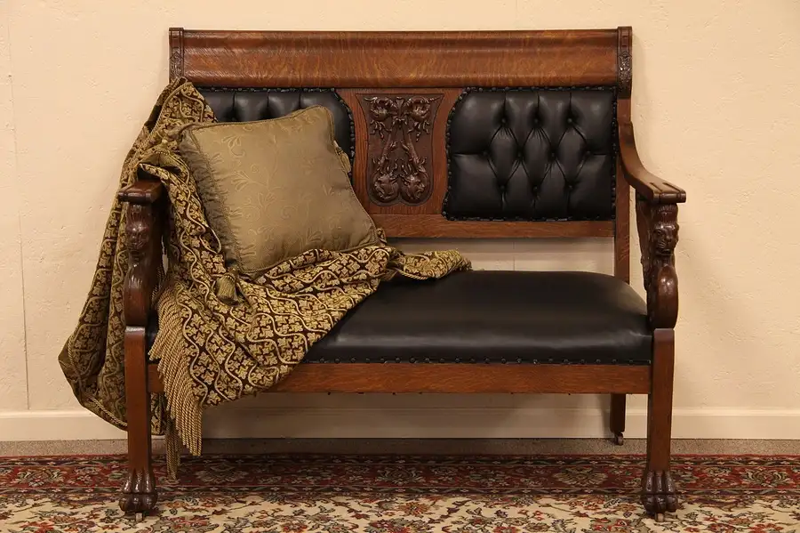 Main image of Lion Head Griffin Carved Oak Settee