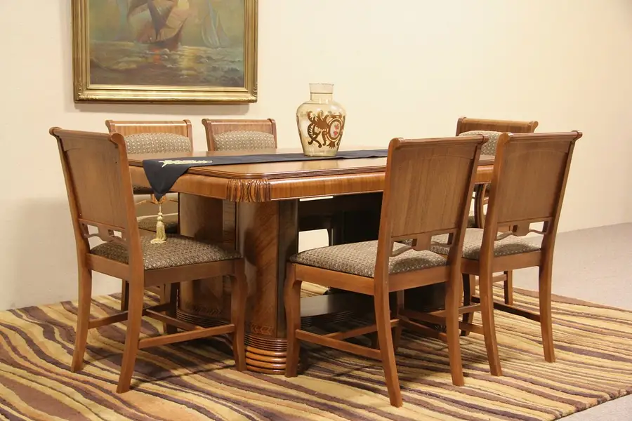 Main image of Art Deco 1935 Antique Dining Set, Table & 6 Chairs