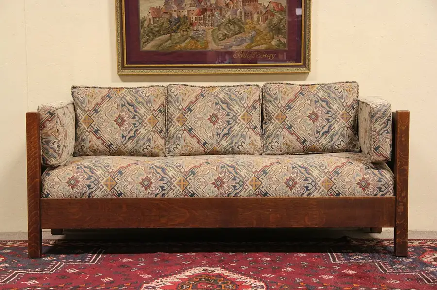 Main image of L & JG Stickley signed 1905 Antique Arts & Crafts Sofa, Down Pillow