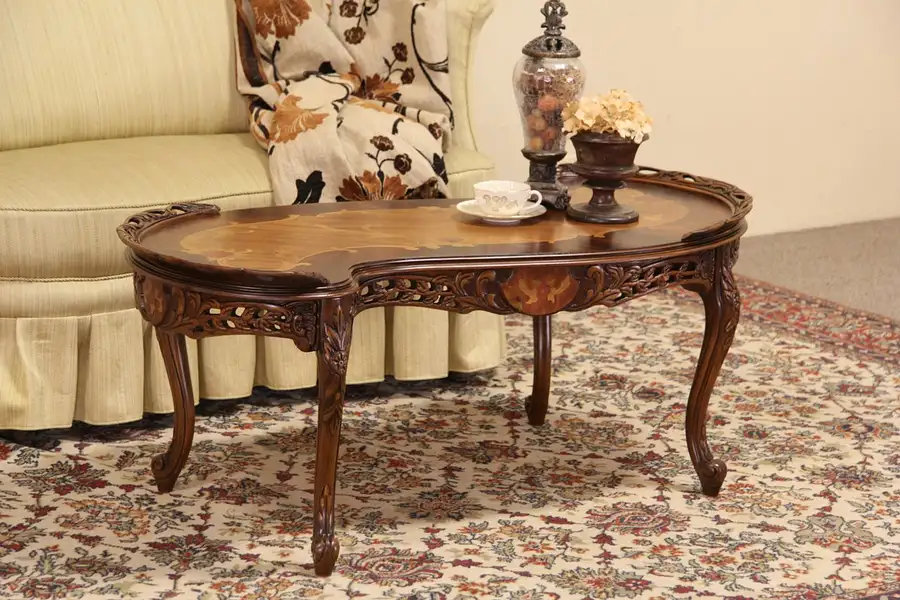 Main image of Marquetry Carved 1920's Scroll Shape Coffee or Cocktail Table
