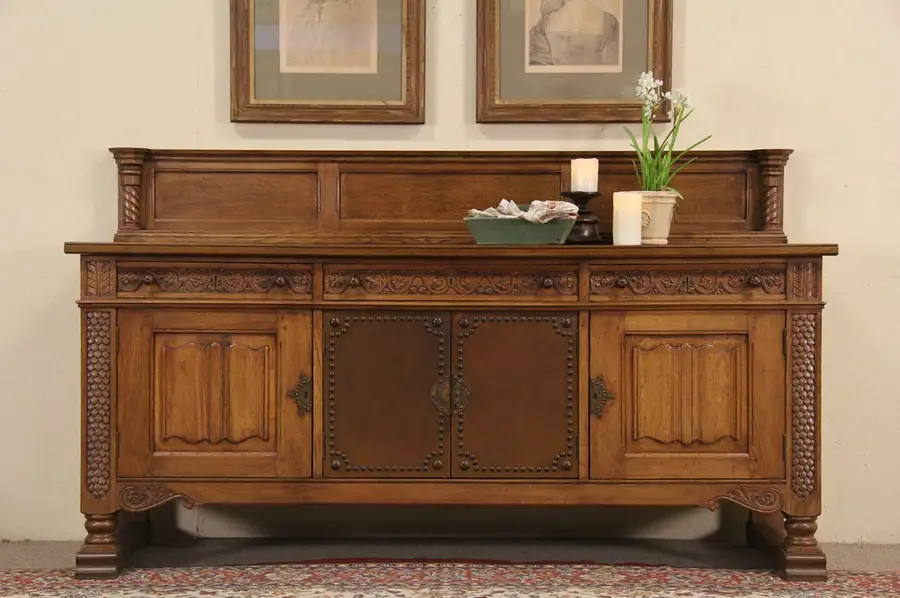 Main image of Swedish 1900 Antique Carved Oak Sideboard Server, Leather Doors