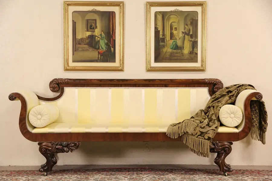 Main image of American Empire 1825 Antique Sofa, Carved Lion Paws & Cornucopia