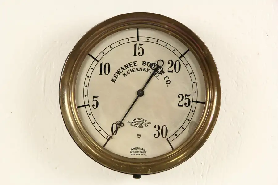 Main image of Kewanee Boiler Antique Brass American Bourdon Steam Gauge, Pat. 1903