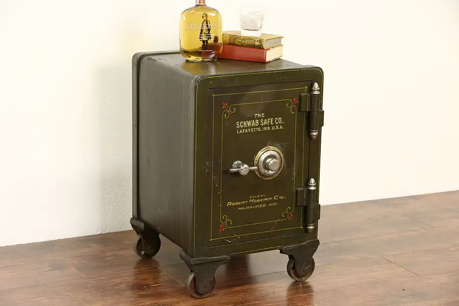 Main image of Iron Combination 1900 Antique Green Safe or Chairside Table, Signed Schwab