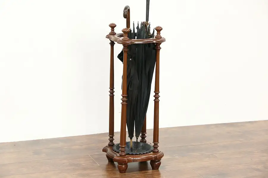Main image of Victorian 1860 Antique Walnut Umbrella & Cane Stand, Iron Drip Tray