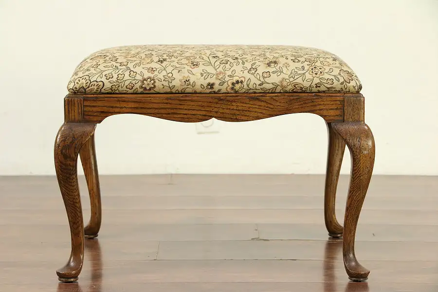 Main image of Oak Carved Vintage Bench or Stool, New Upholstery, Signed Drexel Heritage