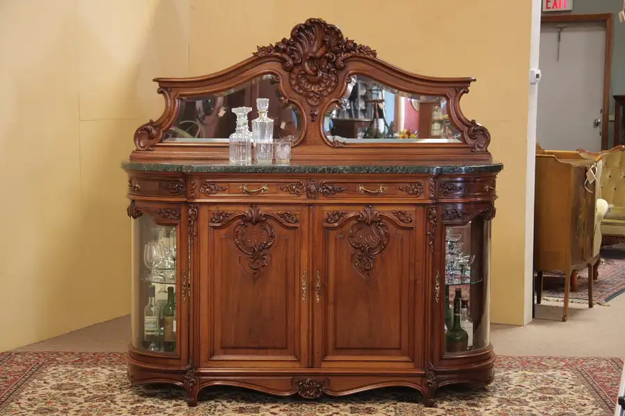 Main image of Carved Sideboard, Buffet or Bar Cabinet, Marble Top