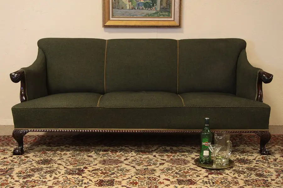 Main image of Carved Antique Claw & Ball Foot 1920's Sofa