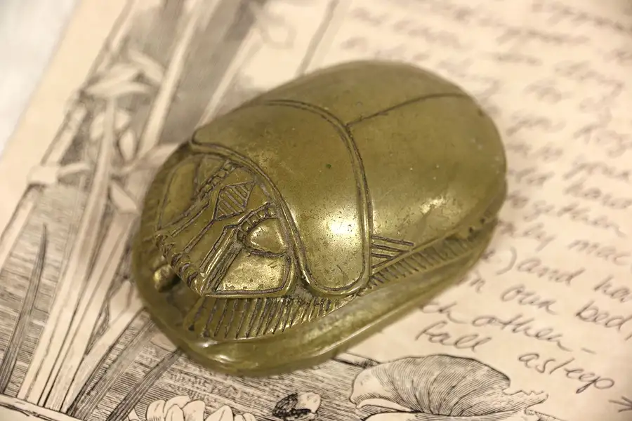 Main image of Egyptian Bronze Scarab Sculpture or Paperweight, Hieroglyphics