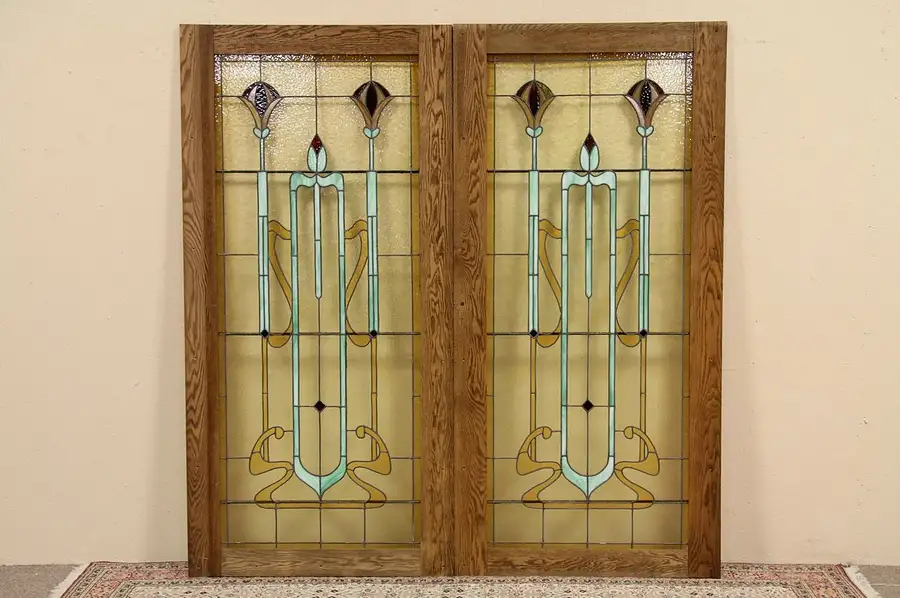 Main image of Pair Art Nouveau 1910 Leaded Stained Glass Windows