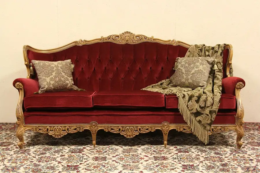 Main image of Carved French Tufted Vintage Sofa, Red Mohair