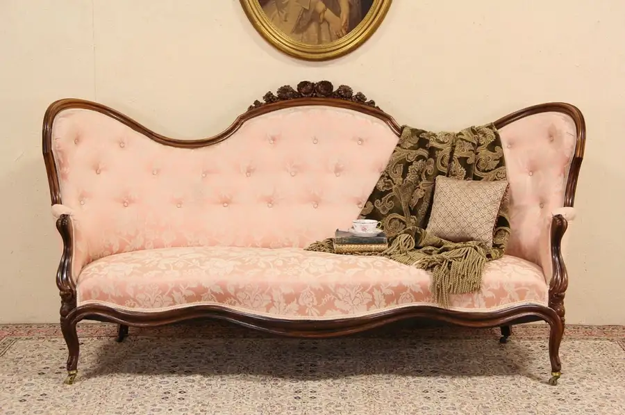 Main image of Victorian Carved Rosewood 1865 Antique Sofa, Floral Crest