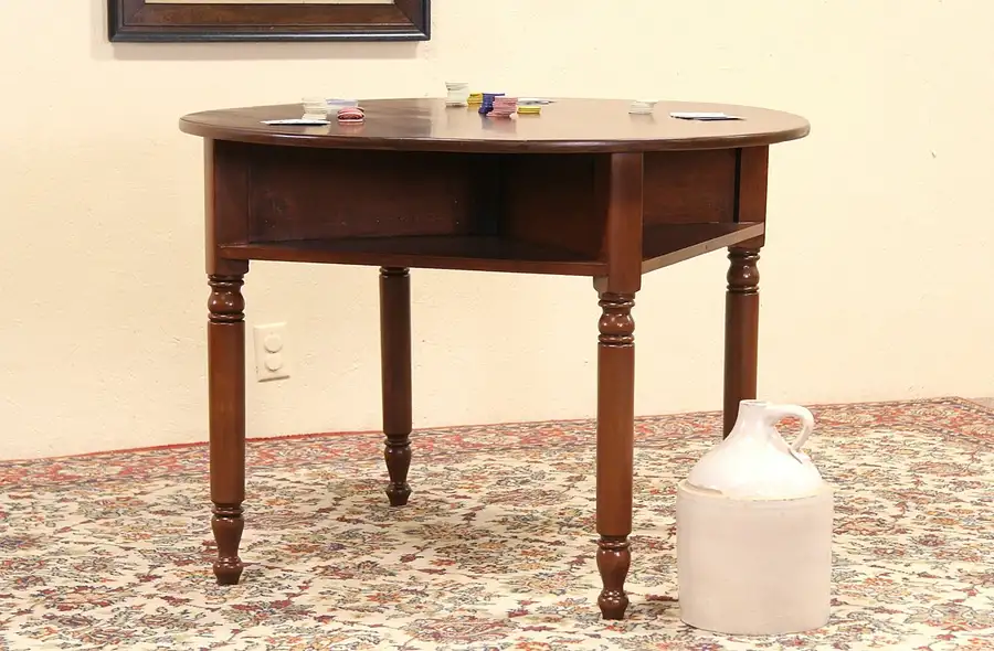 Main image of Round 1890's Antique Tavern or Pub Game or Card Table, Drink Shelves