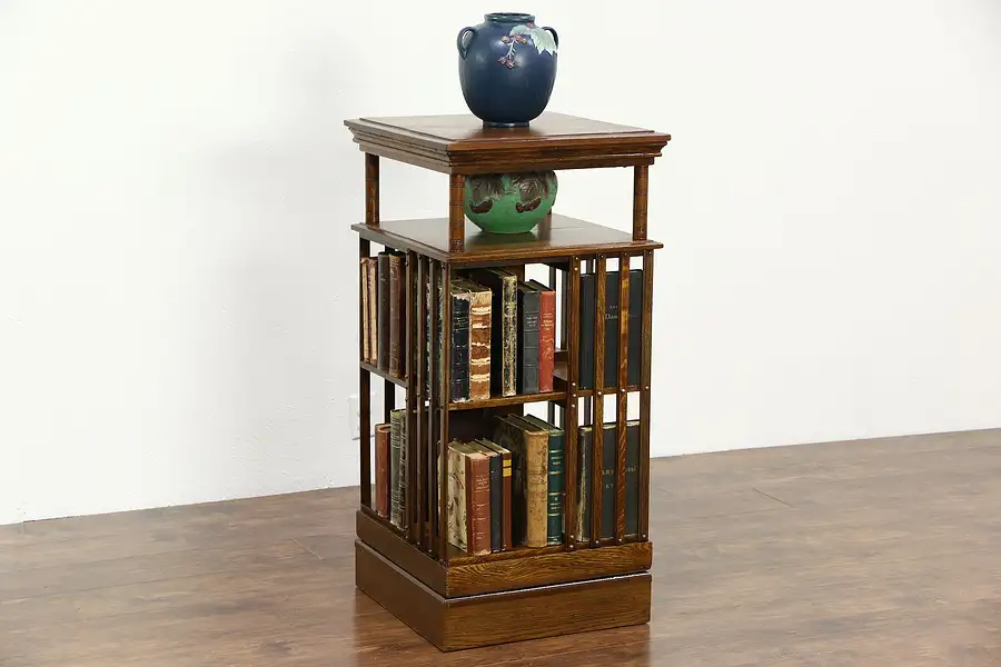 Main image of Revolving Oak Bookshelf Antique 1900 Spinning Chairside Bookcase