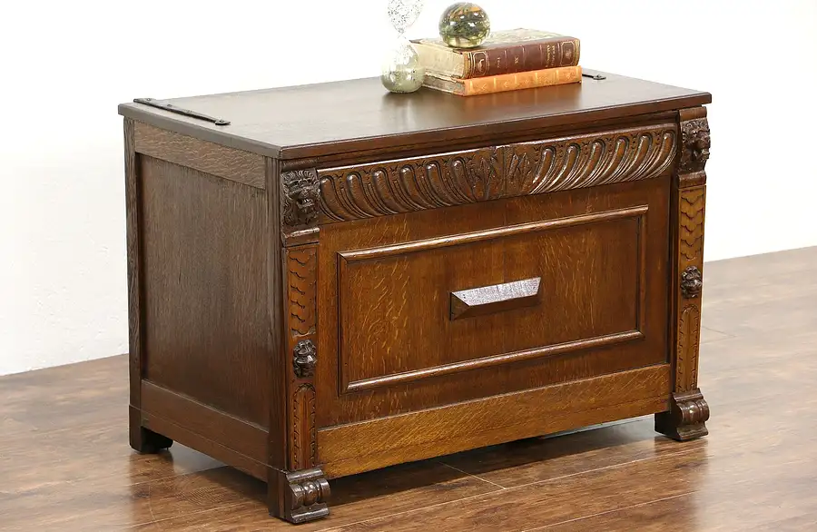 Main image of Oak Scandinavian Antique 1900 Blanket Chest or Dowry Trunk, Carved Lion Heads