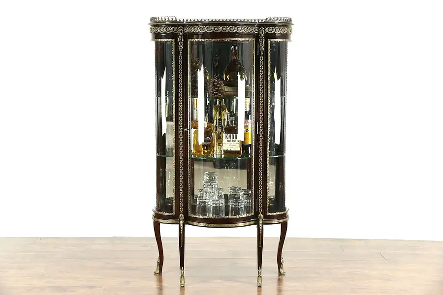 Main image of French Mahogany 1930's Vintage Curved Glass Curio Cabinet, Brass Mounts