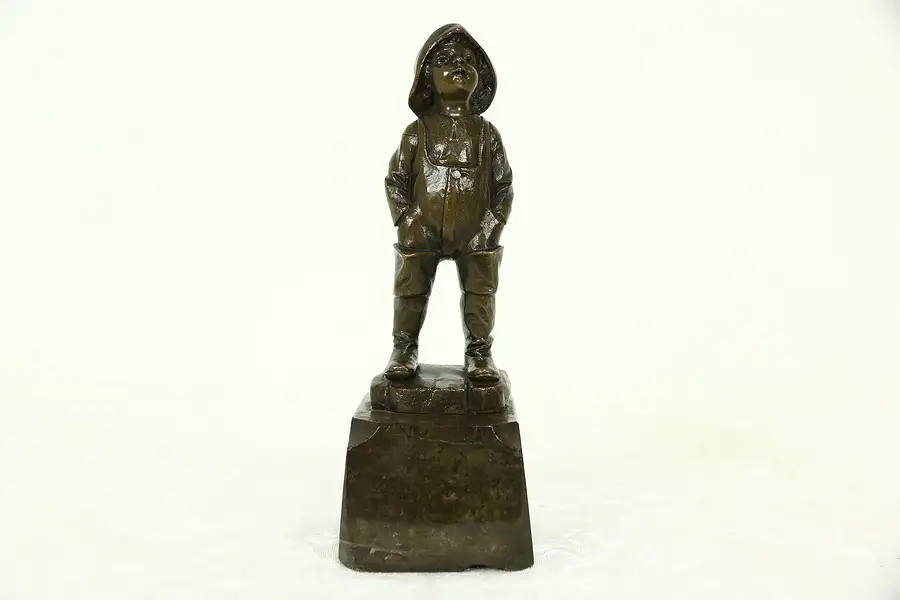Main image of Bronze Antique Statue of a Boy wearing Hat & Rainboots, Marble Base