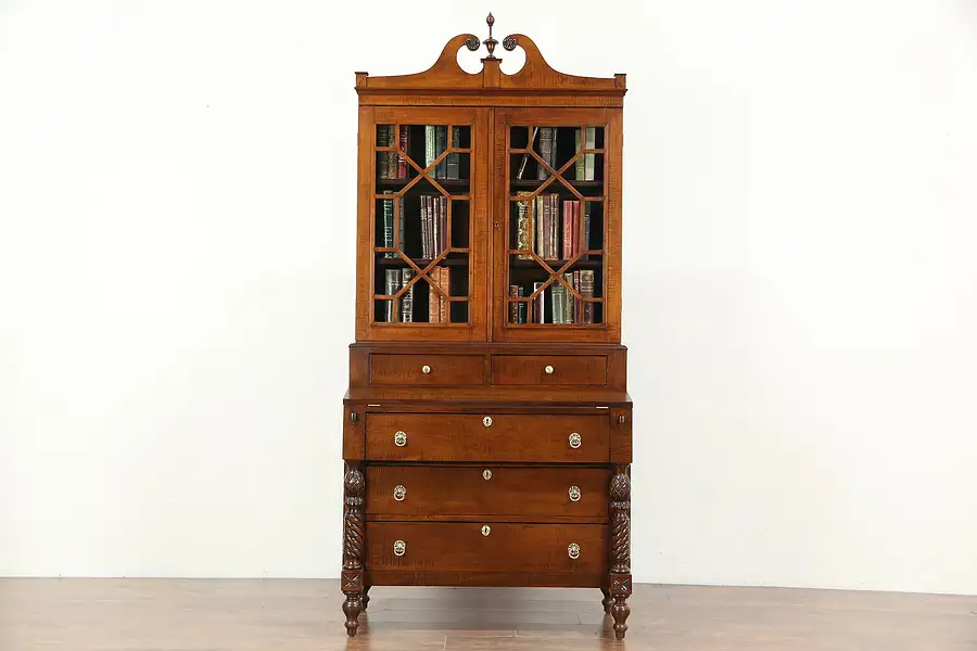 Main image of Sheraton 1830 Antique Curly Tiger Maple Secretary Desk & Bookcase