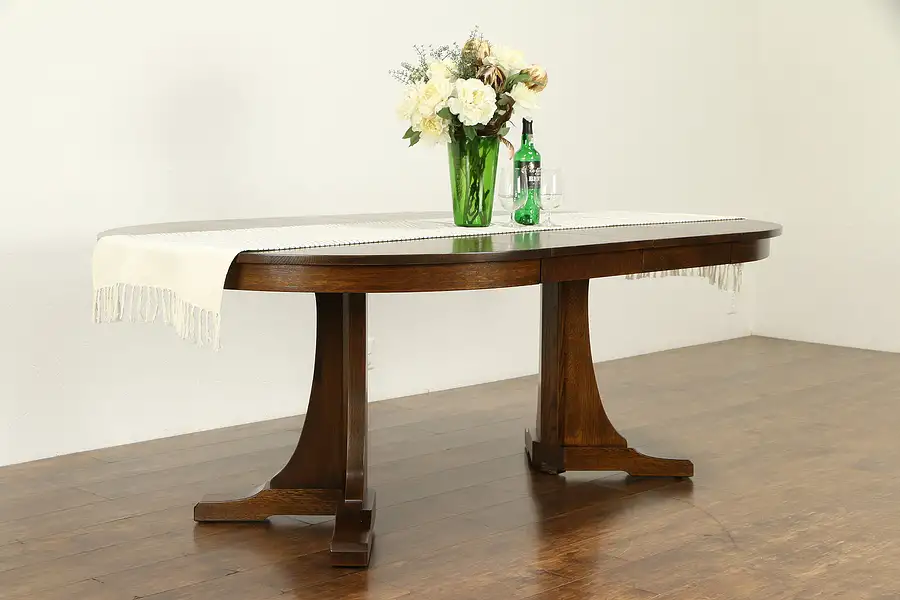 Main image of Round Oak Craftsman 52" Dining Table, 2 Leaves, Signed Stickley 1996