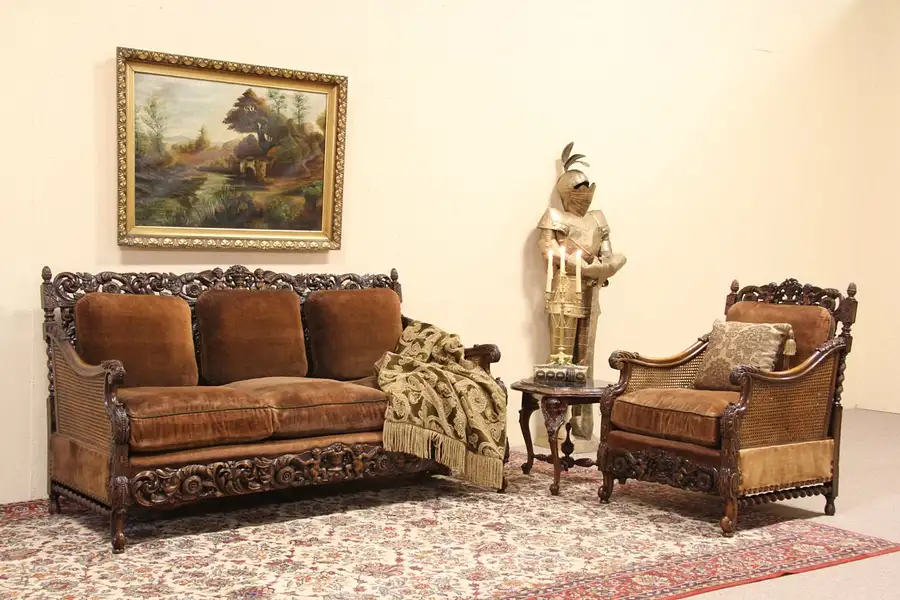 Main image of Carved Angels Antique Velvet 1920's Sofa and Chair Set