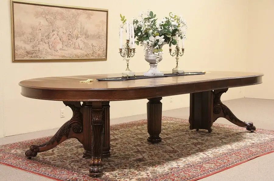 Main image of Round 5' Antique Carved Oak 1900 Dining Table, Extends 10' 8"