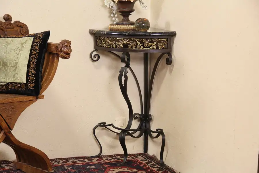 Main image of Italian Wrought Iron & Marble Vintage Corner Table
