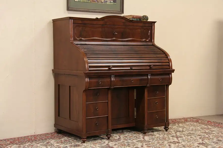 Main image of Empire Biedermeier 1880 Antique Rolltop Two Level Desk, Secret Compartments