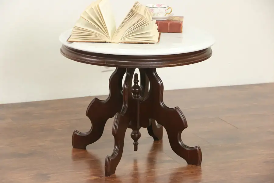 Main image of Victorian Style Round Mahogany Coffee Table, Marble Top
