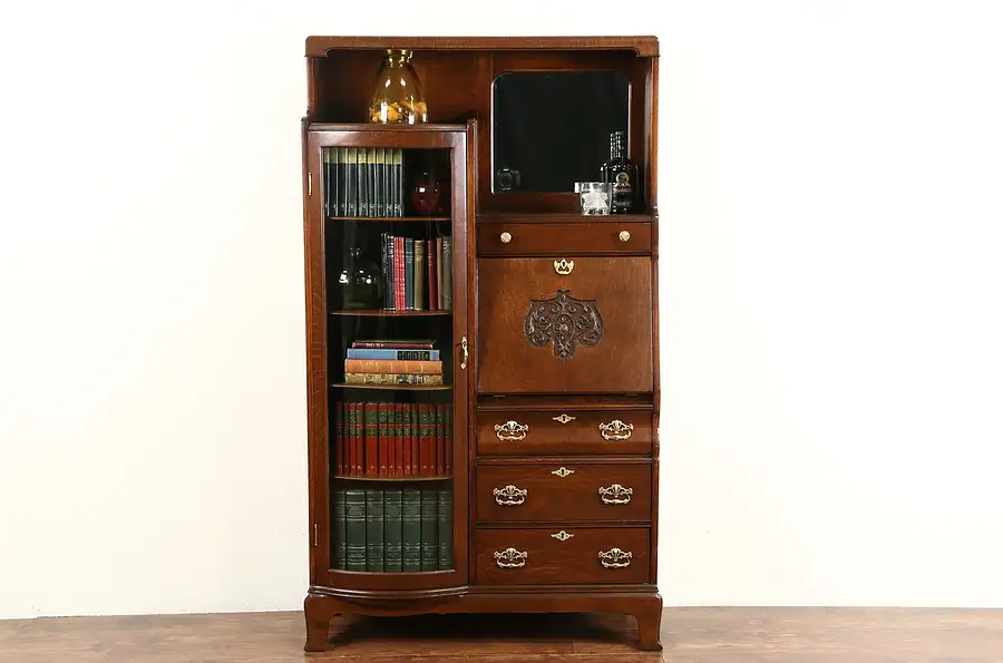 Main image of Oak 1900 Antique Side by Side Combination Secretary Bookcase, Curved Glass
