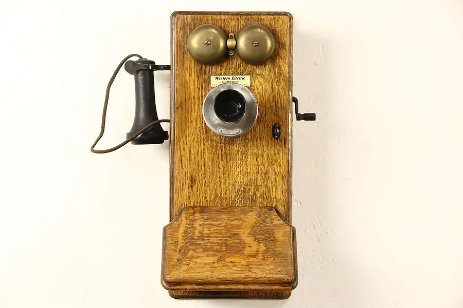 Main image of Oak Western Electric Signed Antique Wall Phone, Crank Generator, Pat. 1913