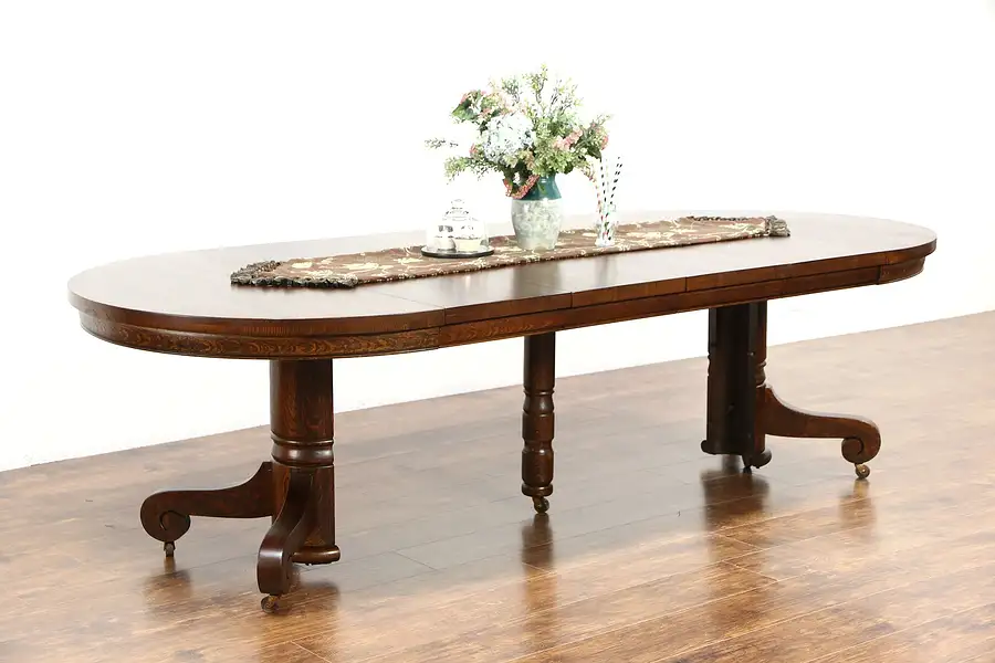 Main image of Round Quarter Sawn Oak 1900 Antique 45" Pedestal Dining Table, 4 Leaves