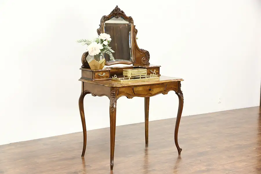Main image of French Antique Carved Walnut Desk, Vanity or Dressing Table, Beveled Mirror