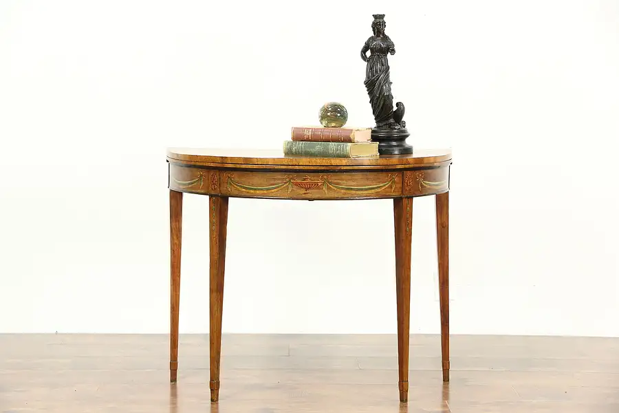 Main image of Hepplewhite Federal 1790 Antique Hand Painted Console Table, Opens to Game Table