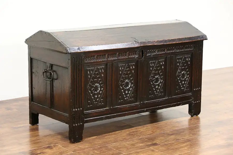 Main image of Treasure Chest or Dowry Trunk, Hand Carved Oak European 1700's Antique