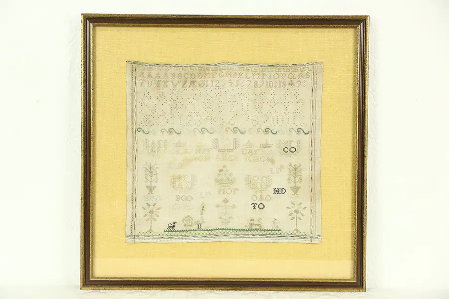 Main image of Sampler, 1840's Antique Hand Stitched Linen Needlework, Bird & Dogs