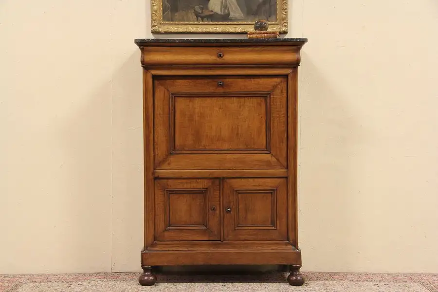 Main image of Empire Biedermeier Oak Antique 1840 Secretary Desk, Marble Top