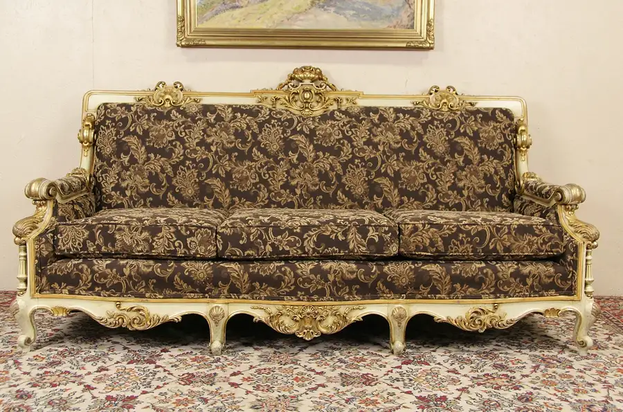 Main image of Carved Italian Baroque Vintage Gold & Hand Painted Sofa, New Upholstery