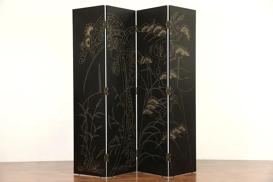 Main image of Black Lacquer Hand Painted Vintage 4 Panel Screen