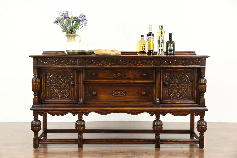 Main image of English Tudor 1920 Antique Carved Oak Sideboard, Server or Buffet