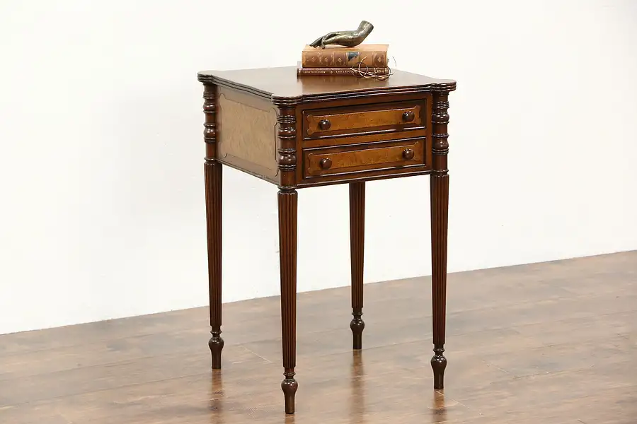 Main image of Sheraton 1830's Antique Nightstand, Lamp or End Table, Walnut & Curly Maple