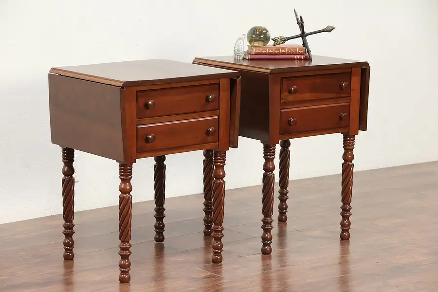 Main image of Pair of Cherry Vintage Pembroke Dropleaf Lamp Tables or Nightstands