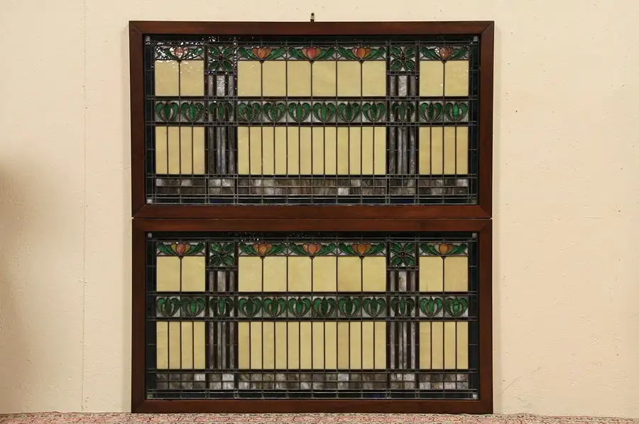 Main image of Pair of Arts & Crafts Antique 1900 Leaded Stained Glass Windows