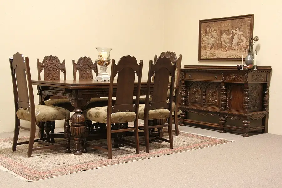 Main image of English Tudor Carved Oak Antique Dining Set, Table, 6 Chairs and Sideboard