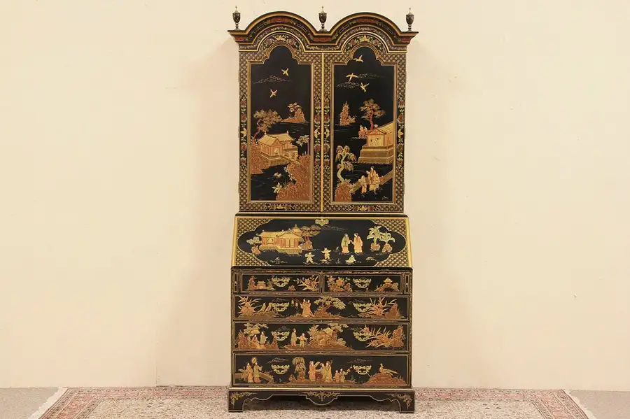 Main image of Asian Hand Painted Lacquer Georgian Chinoiserie Secretary Desk