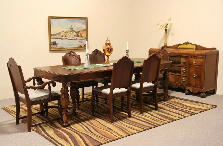 Main image of Art Deco Antique 1935 Dining Set, 6 Chairs, Table, Sideboard