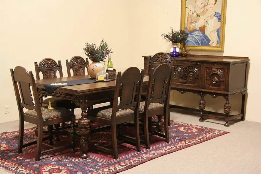 Main image of Tudor Carved Oak 1925 Dining Set, Table, 6 Chairs & Sideboard