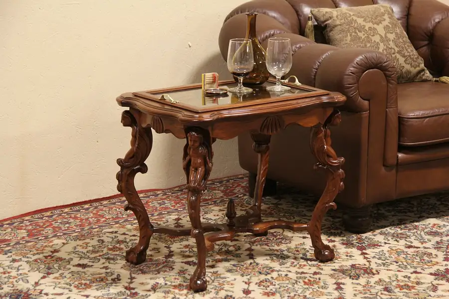 Main image of Carved Angels & Cherubs 1920 Coffee or Cocktail Table with Glass Tray