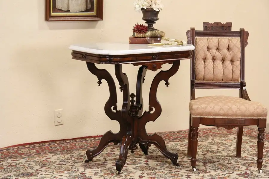 Main image of Victorian 1880 Antique Marble & Walnut Parlor Lamp Table, Signed Detroit